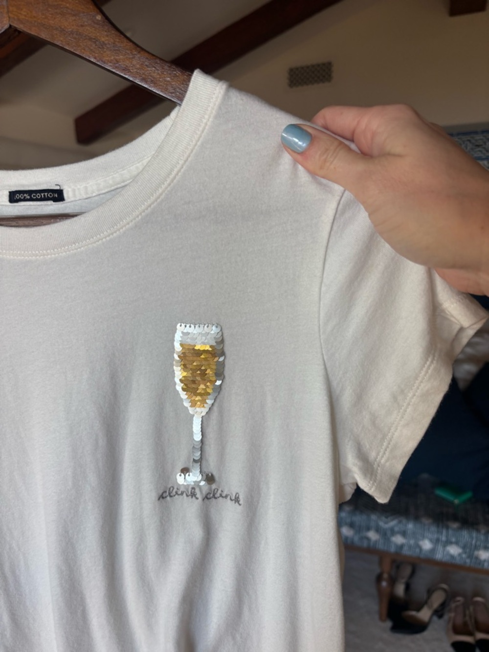 Abercrombie & Fitch Cream Sequin Champagne Tee